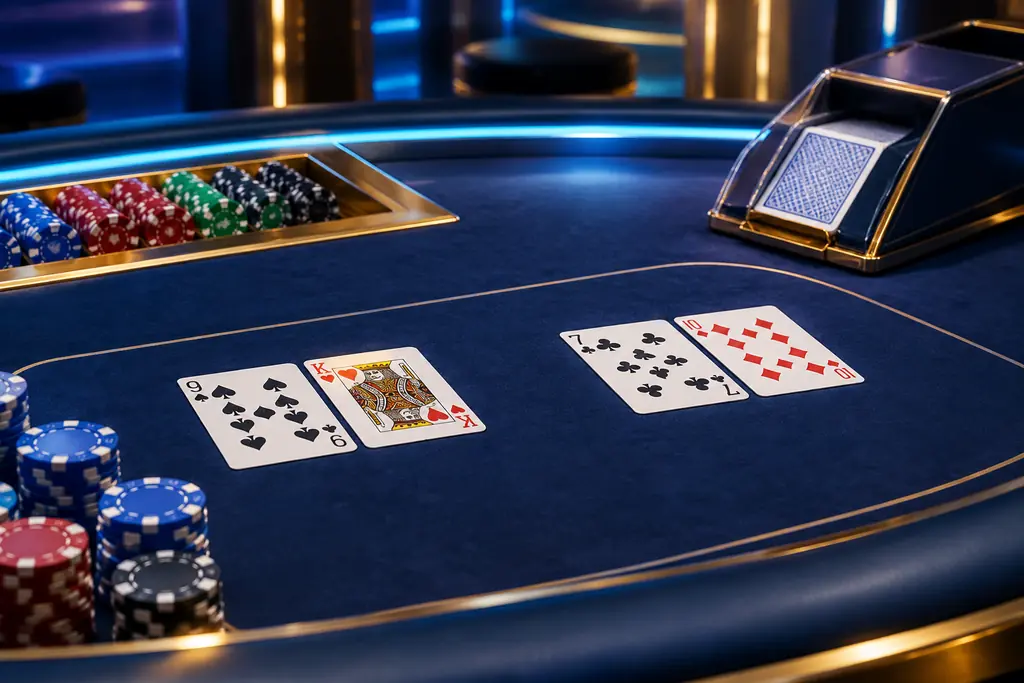 Dua kelompok kartu, sepatu kartu, dan chip di meja baccarat.