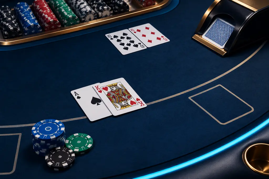 Kartu as dan kartu bergambar bersama chip di meja blackjack.
