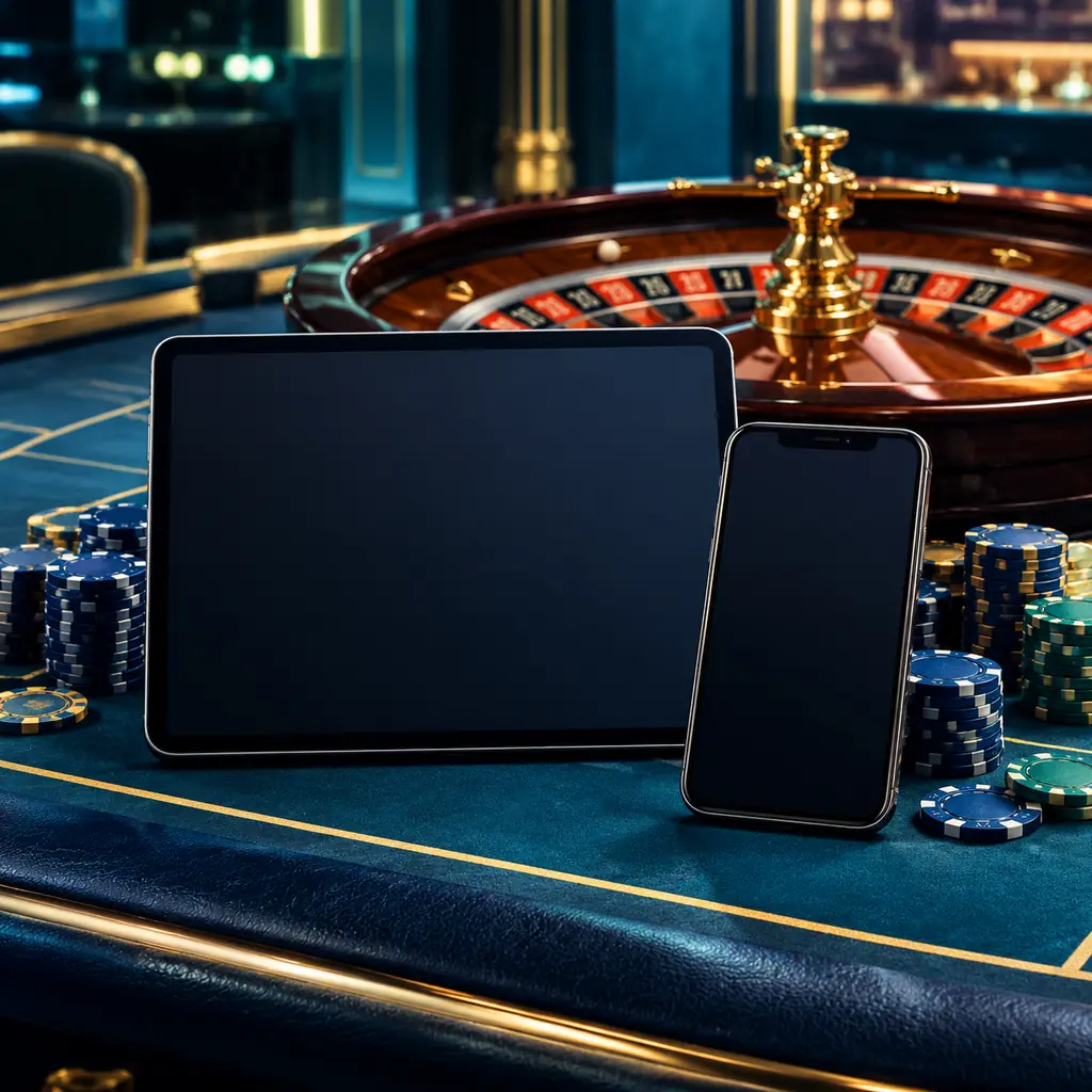 Tablet dan ponsel dengan layar gelap di sisi meja roulette.