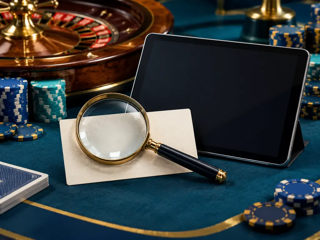 Kaca pembesar dan tablet dengan chip serta sisi roda roulette.