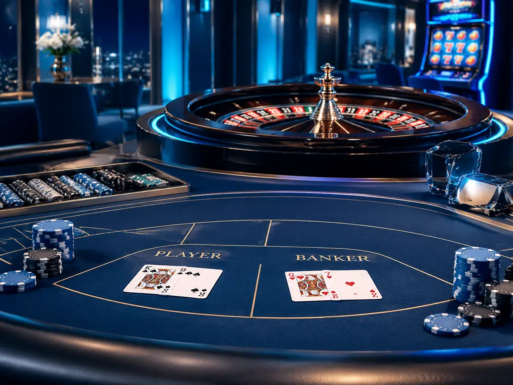 Meja kartu dan roda roulette di ruang kasino bernuansa biru.