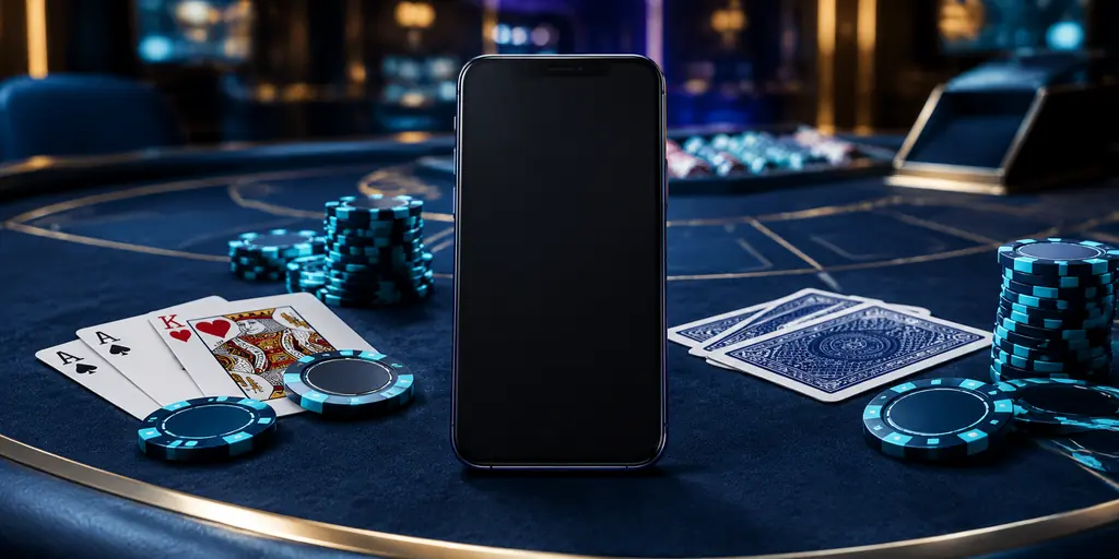 Ponsel di atas meja baccarat dengan kartu dan tumpukan chip.