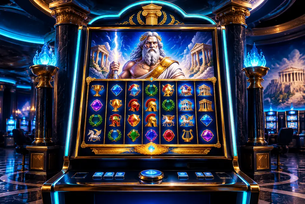 Mesin slot bertema mitologi Yunani dengan sosok Zeus dan motif permata.