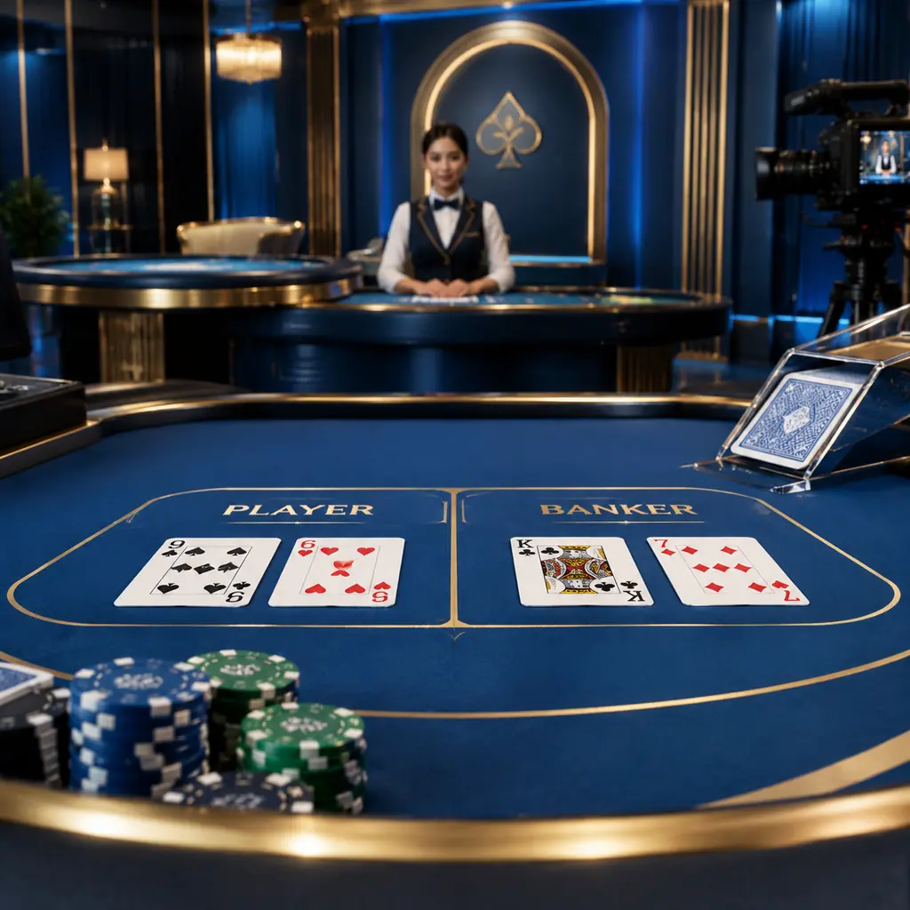 Meja baccarat dengan perlengkapan kartu, kamera studio, dan dealer dewasa di latar.