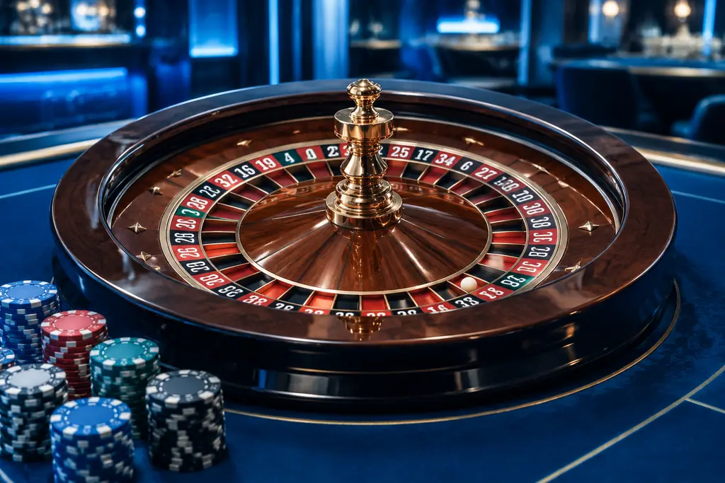 Roda roulette dengan bola dan chip dalam suasana kasino biru.